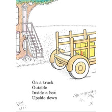 Storybook page with truck illustration and printed words: On a truck, Outside, Inside