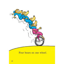 Hardcover book page showing four bears on a bicycle, yellow panel text: Four bears on one wheel