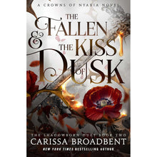 Hardcover fantasy book with ornate title text, red poppy flowers, and glowing accents on cover