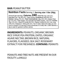 Peanut butter bar nutrition facts panel with ingredients list and allergen note