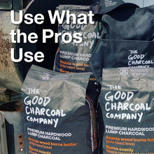 Premium hardwood lump charcoal bags in gray paper with blue and white labels.
