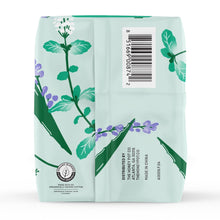 Winged herbal pads pouch back with barcode and product details, teal floral print