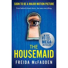 Paperback book cover: The Housemaid by Freida McFadden, bold yellow and blue design