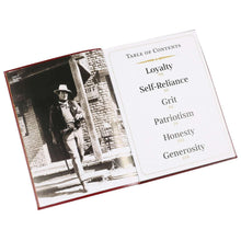 Open leather-bound book showing table of contents with headings like Loyalty and Patriotism