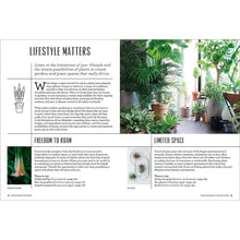 Open book pages with lifestyle and space tips for houseplants, arranged in sections