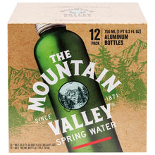 12-pack green aluminum spring water bottle carton with Mountain Valley branding