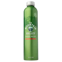 Green aluminum spring water bottle with white cap and Mountain Valley label