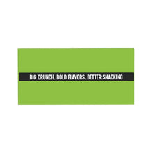Crunchy roasted edamame snack package, green side panel with bold-flavor slogan bar.