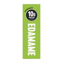 Crunchy roasted edamame snack package, green front panel with protein badge and EDAMAME.