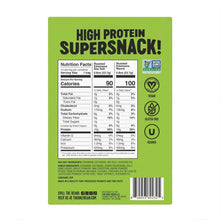 Crunchy roasted edamame snack bag, green nutrition facts panel with ingredients and icon seals.