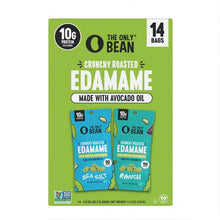 Crunchy roasted edamame snack box, CRUNCHY ROASTED EDAMAME text and two flavor pack graphics.