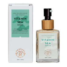 Vitamin Sea face serum bottle with matching box, clear glass and black pump