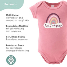 Pink cotton bodysuit with rainbow applique and snap-button closure