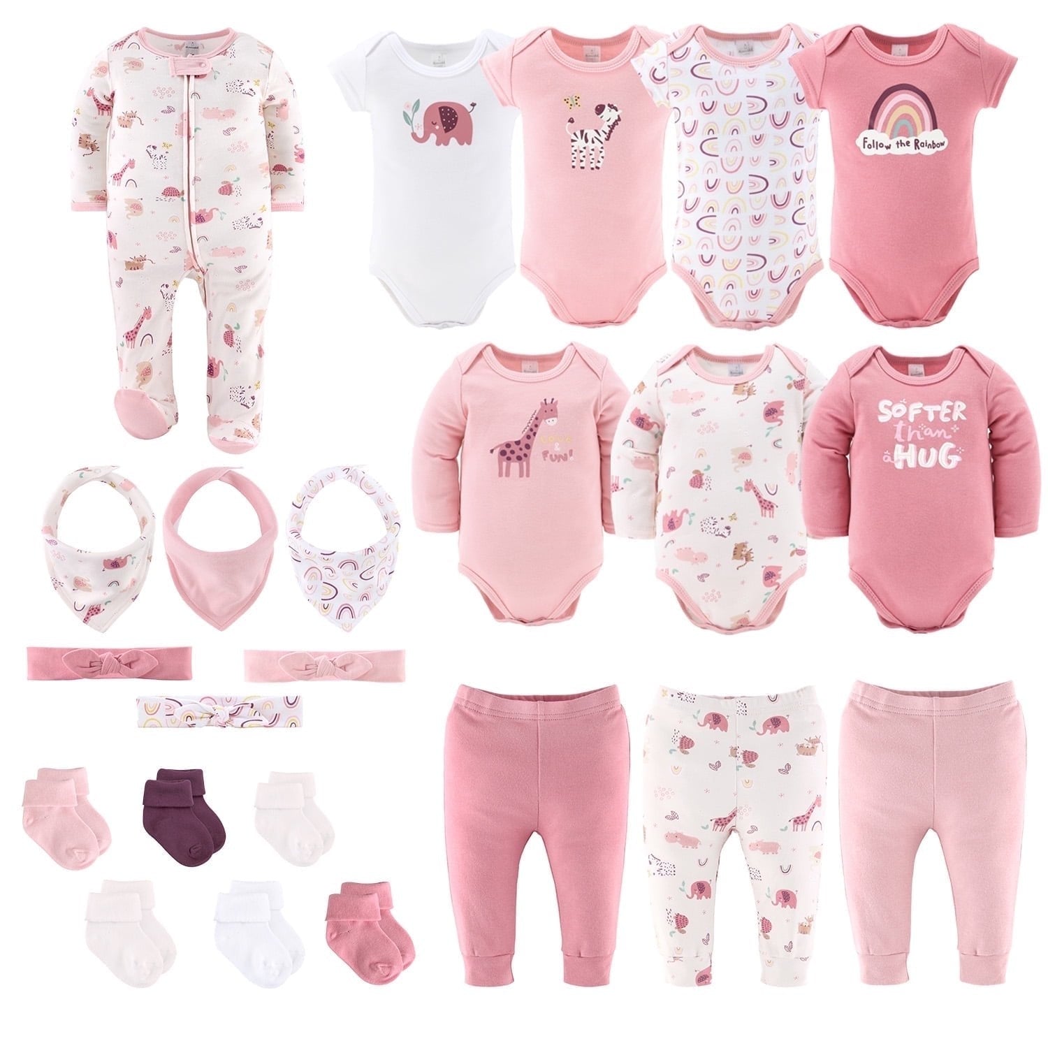 The Peanutshell Layette Gift Set for Baby Girls, 23 Essential Pieces, Pink Rainbow Safari Animals