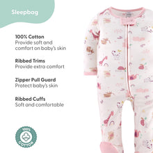 Safari-print sleepbag with pink zipper trim and ribbed cuffs