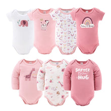 Pink and white safari-animal bodysuits with rainbow graphic and long sleeves