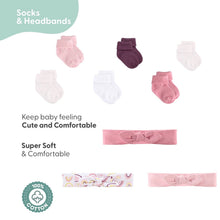 Baby socks and bow headband set: pink, purple, and white pairs
