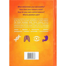 Hardcover anatomy guide book back cover in orange with questions text and icons