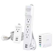 Power strip charging unit with USB ports and braided cable, white
