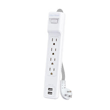 Portable power strip with four outlets, two USB ports, and power cord, white