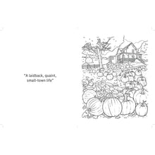 Pumpkin-themed coloring book page with a small house, yard pumpkins, and tree line art