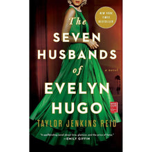Paperback novel cover: "Seven Husbands of Evelyn Hugo" by Taylor Jenkins Reid, green dress