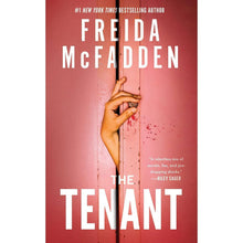 The Tenant paperback book cover with red background, hand gripping door, Freida McFadden