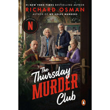 Paperback book cover with The Thursday Murder Club title, Richard Osman, group at table