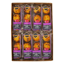 Chocolate chip mini muffin box with 16 individually wrapped muffins, front view