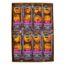 Mini chocolate chip muffins in a 16-count cardboard box, four by four layout