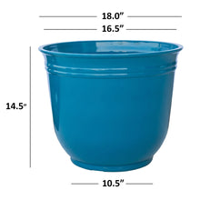 Teal resin planter pot with size labels: 14.5 in tall, 10.5 in wide
