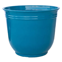 Teal resin planter pot with glossy finish and rounded rim