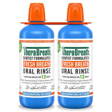 TheraBreath oral rinse bottle with orange cap, blue body, icy mint fresh breath label
