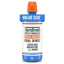 TheraBreath dentist formulated oral rinse bottle, 1L size, icy mint, orange cap
