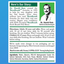 TheraBreath oral rinse label panel with story, directions, and ingredients list