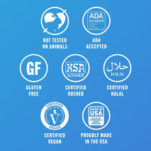 Oral rinse product seals graphic: ADA accepted, kosher, halal, gluten-free, vegan, made in USA