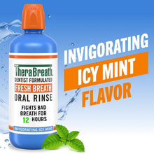 TheraBreath icy mint oral rinse bottle with mint leaves and invigoration graphic