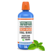 TheraBreath dentist-formulated oral rinse bottle, 1L, icy mint with mint leaves