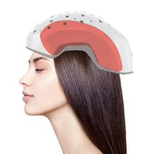 Laser hair growth cap on head, white dome with red treatment panel