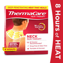Neck heat wrap box with Thermacare Heat Therapy label and 4-count wraps