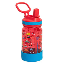 Kids Tritan water bottle with red flip straw lid and cars-and-trains themed print