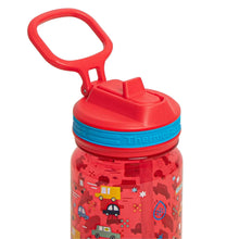 Kids Tritan water bottle with red flip straw lid and vehicles-themed printed sleeve
