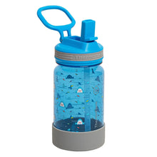 Kids Tritan water bottle with blue flip straw lid and ocean with clouds print