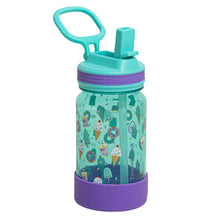 Kids Tritan water bottle with teal flip straw lid and robot-and-animals patterned print
