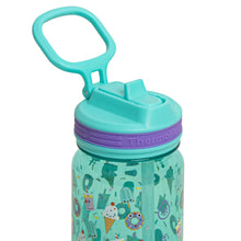 Kids Tritan water bottle with teal flip straw lid and ocean-themed printed sleeve