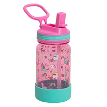 Kids Tritan water bottle with pink flip straw lid and rainbow-and-animal print