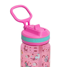 Kids Tritan water bottle with pink flip straw lid and animal-themed printed sleeve
