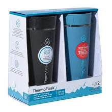 Set of 2 insulated coffee travel mugs in a retail box, black and teal blue.