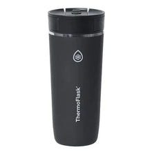 Black insulated coffee travel mug with Sip-N-Lok lid and top carry button.