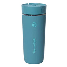 Teal insulated coffee travel mug with Sip-N-Lok lid, with top carry button.